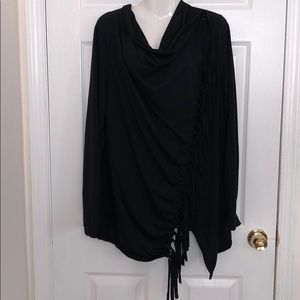 Black Buttoned Slouch Neck Cardigan with Fringe